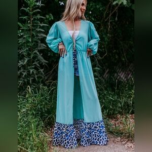 NWT Western Turquoise Chiffon Duster with Leopard Print Ruffle Hem